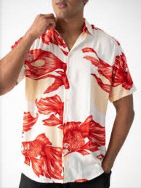 H&M Men's M Goldfish print Resort Shirt Red/Yellow/Beige